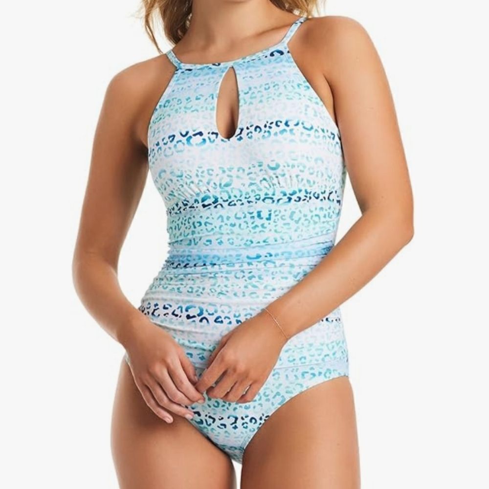 ELLEN TRACY Women's multi blue Keyhole high-neck One-Piece Swimsuit size 8